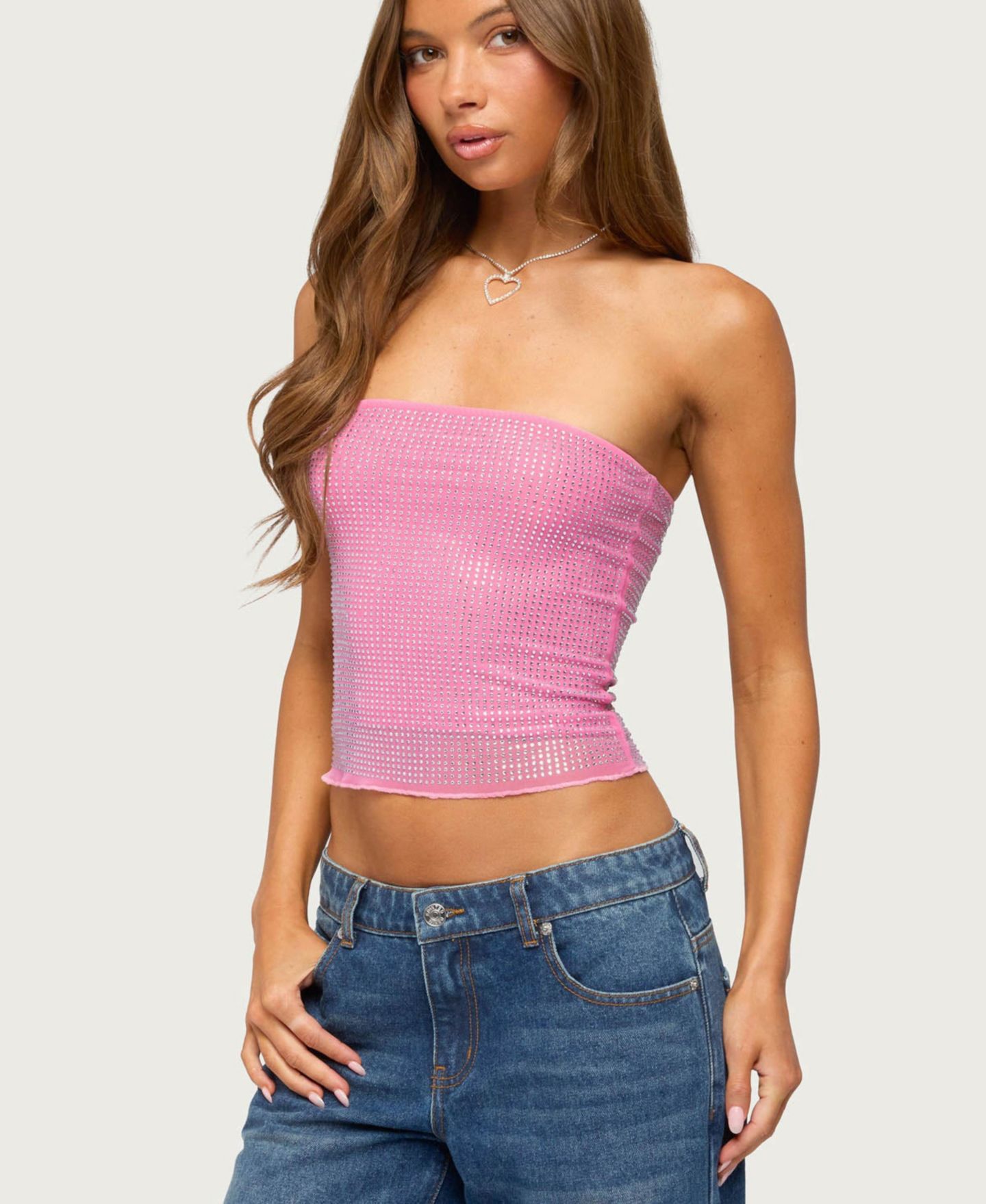 Женский топ Edikted Olea Rhinestone Mesh Strapless, цвет: Розовый — фото 4