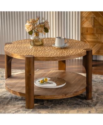 Round Coffee Table with Solid Wood for Living Room, 2-Tier Round Coffee Table with Storage Shelf