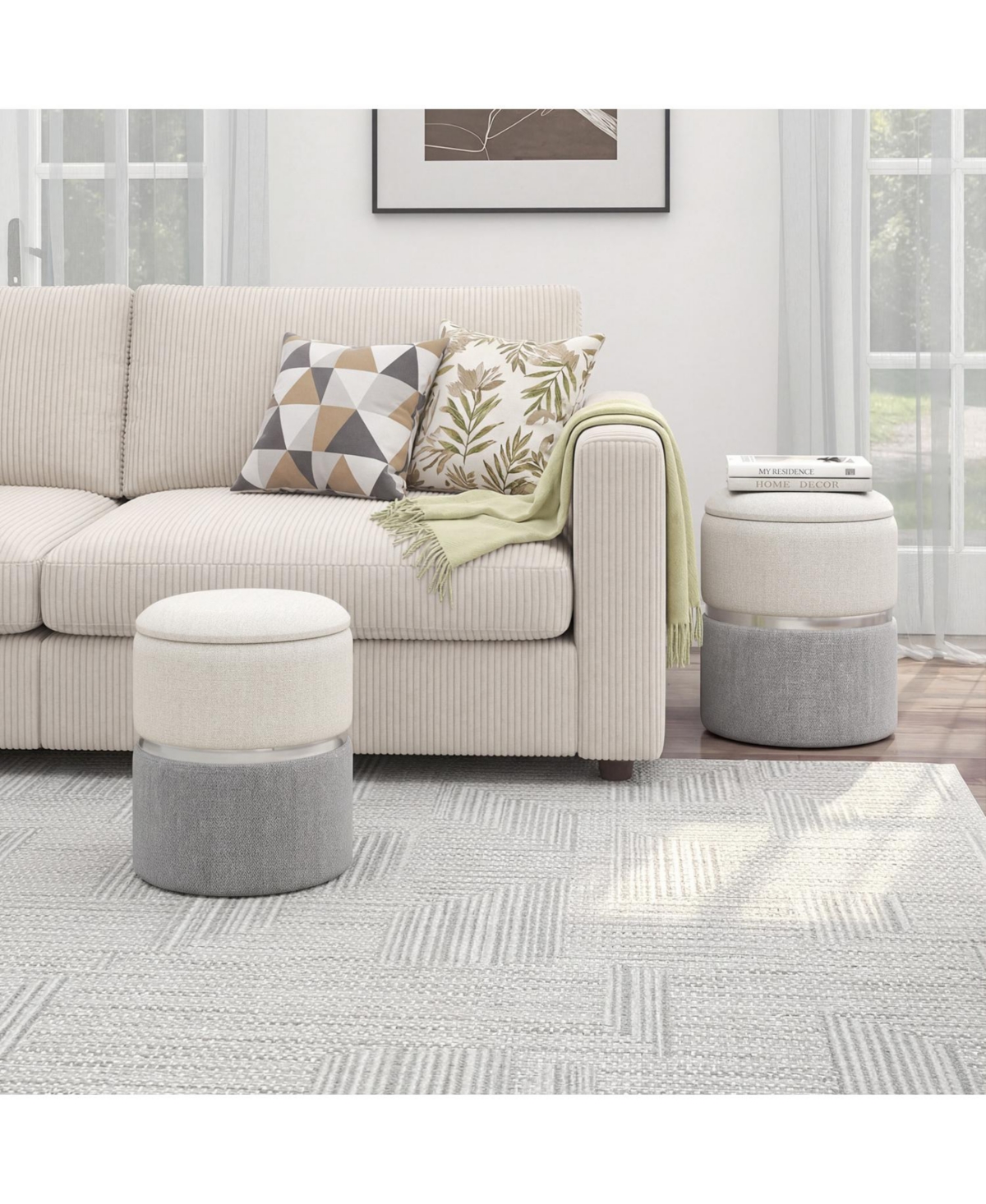 sumyeg Velvet and Linen Fabric Storage Ottoman Set of 2 for Living Room or Bedroom