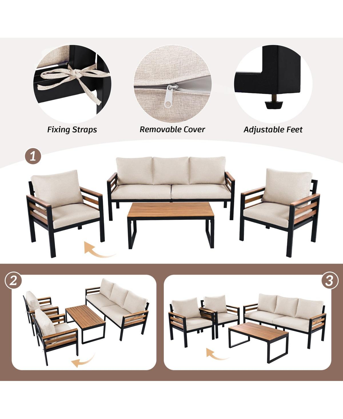 Asagikoiai 4-Piece Garden Patio Set, Acacia Wood Armrest Sofa and Table, All-Weather Outdoor Seating