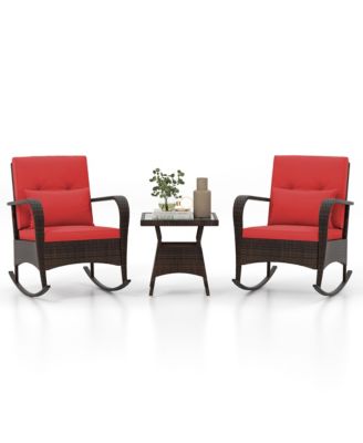 3 Piece Outdoor Rocking Set Rattan Rocker Chairs w/ Tempered Glass Coffee Table