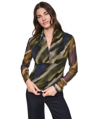 Women's Printed Mesh V-Neck Long-Sleeve Top