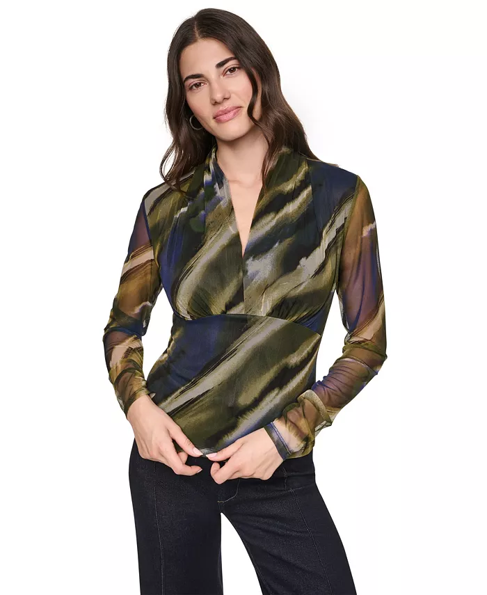 Women's Printed Mesh V-Neck Long-Sleeve Top