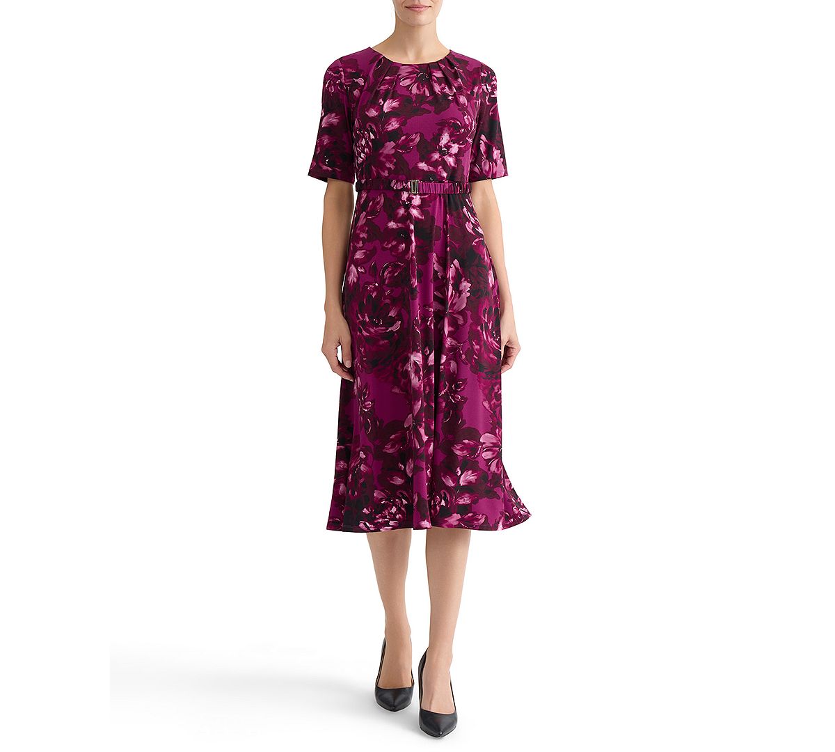Kasper Women's Pleat-Neck Belted Short-Sleeve Dress view 6 — MAYCSS fashion products