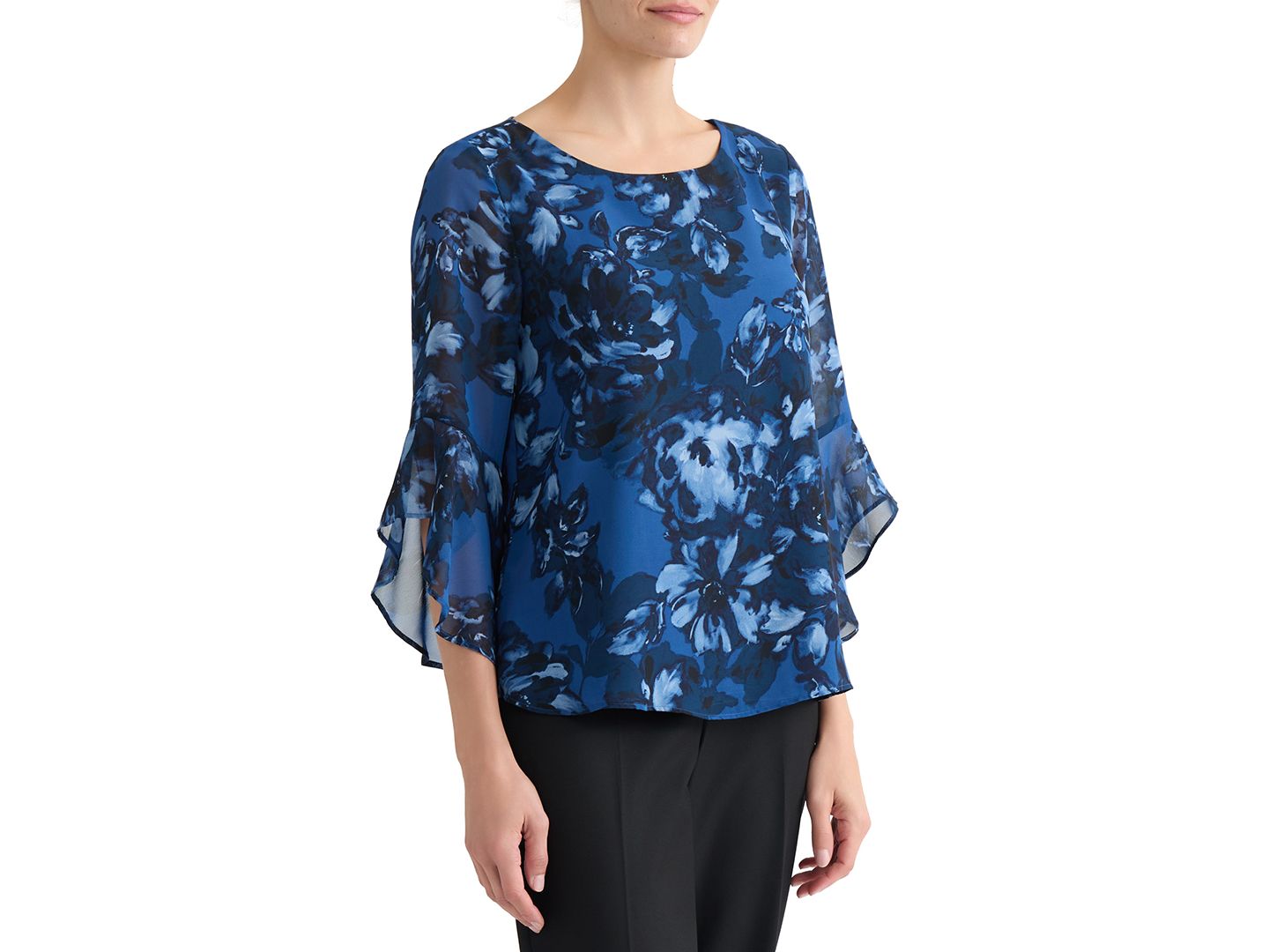 Женская блузка Kasper Boat-Neck Ruffle-Sleeve Blouse, цвет: Синий ночной разноцветный — фото 3