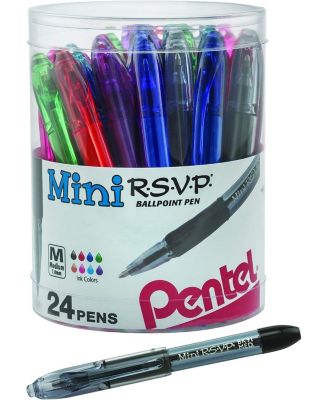 RSVP Mini Ballpoint Pen, (1.0mm) Medium Line, 24-Assorted Ink (A/B/C/D/F/P/S/V) in Clear cylinder pack