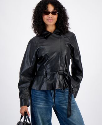 Juniors' Faux Leather Trench Zip-Front Jacket