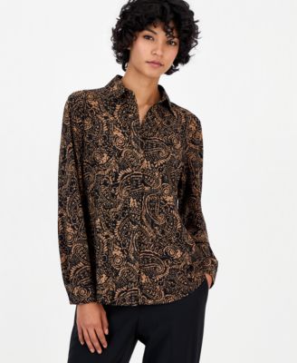 Women's Petite Long-Sleeve Paisley Point-Collar Button Down Shirt