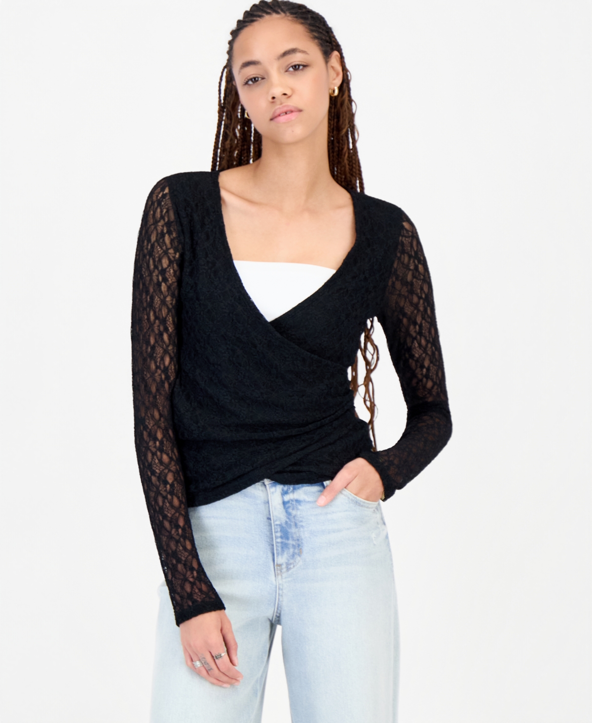 Just Polly Juniors' Lace Surplice Wrap Long-sleeve Top In Black