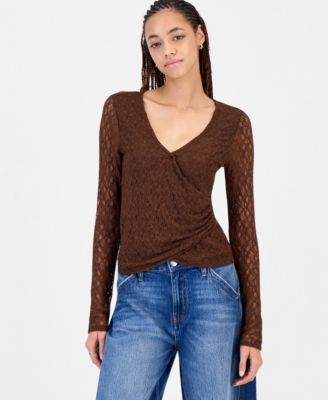 Juniors' Lace Surplice Wrap Long-Sleeve Top