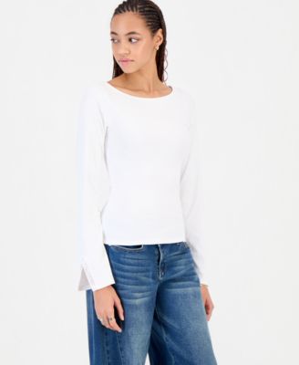Juniors' Ribbed Lace Long-Sleeve T-Shirt