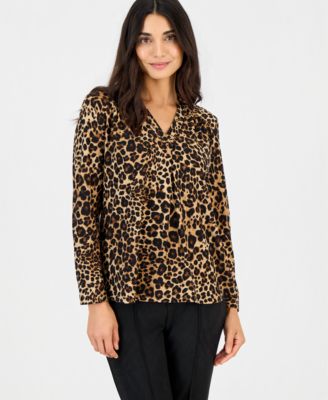 Petite Long-Sleeve Leopard-Print Blouse