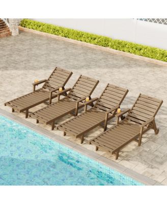 Patio Chaise Lounge Set of 4, HDPE Lounge Chair with Rolling Wheels, Cup Holder, 5-Position Backrest, All-Weather Lounger for Poolside