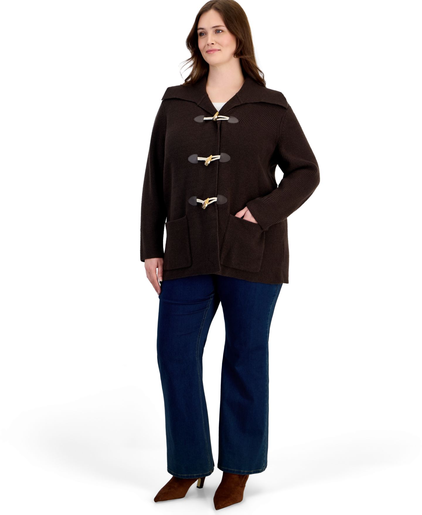 Женская блузка Jones New York Plus Size Collared Toggle-Front Long-Sleeve, цвет: Кофейный — фото 2