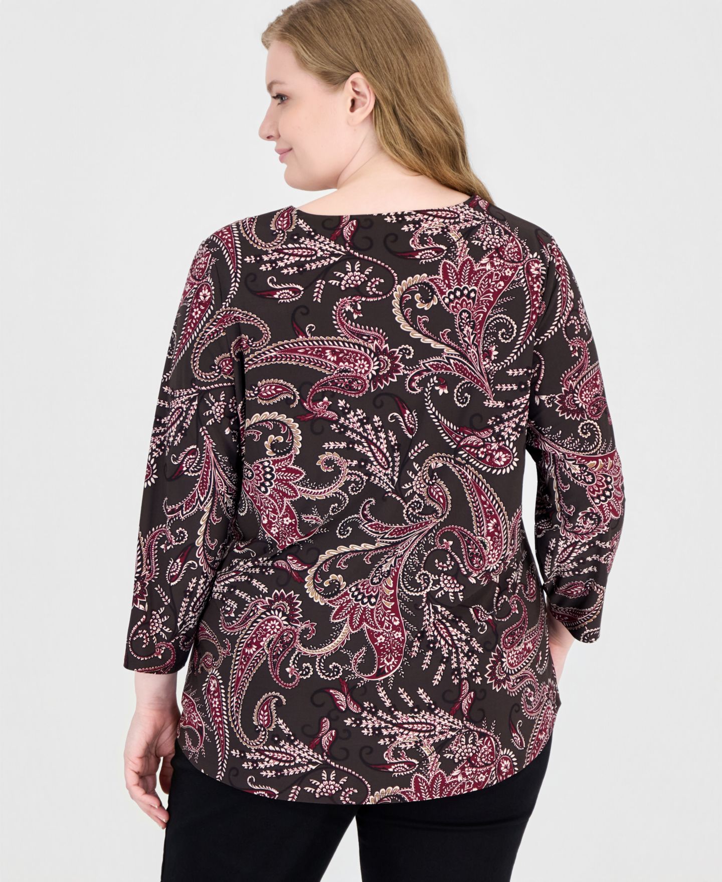 Женская блузка Jones New York Plus Size Paisley-Print V-Neck Keyhole 3/4-Sleeve, цвет: Кофейный — фото 3
