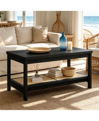 39.4 Inch 2 Tier Wooden Table with Rattan Storage Shelf Rustic Farmhouse Center Table with Round Corners and Anti Slip Foot Pads