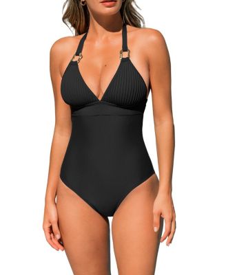 Women's Ribbed V-Neck Metal Trim One-Piece Swimsuit