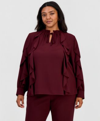 Plus Size Long-Sleeve Keyhole-Neck Ruffle-Trim Blouse