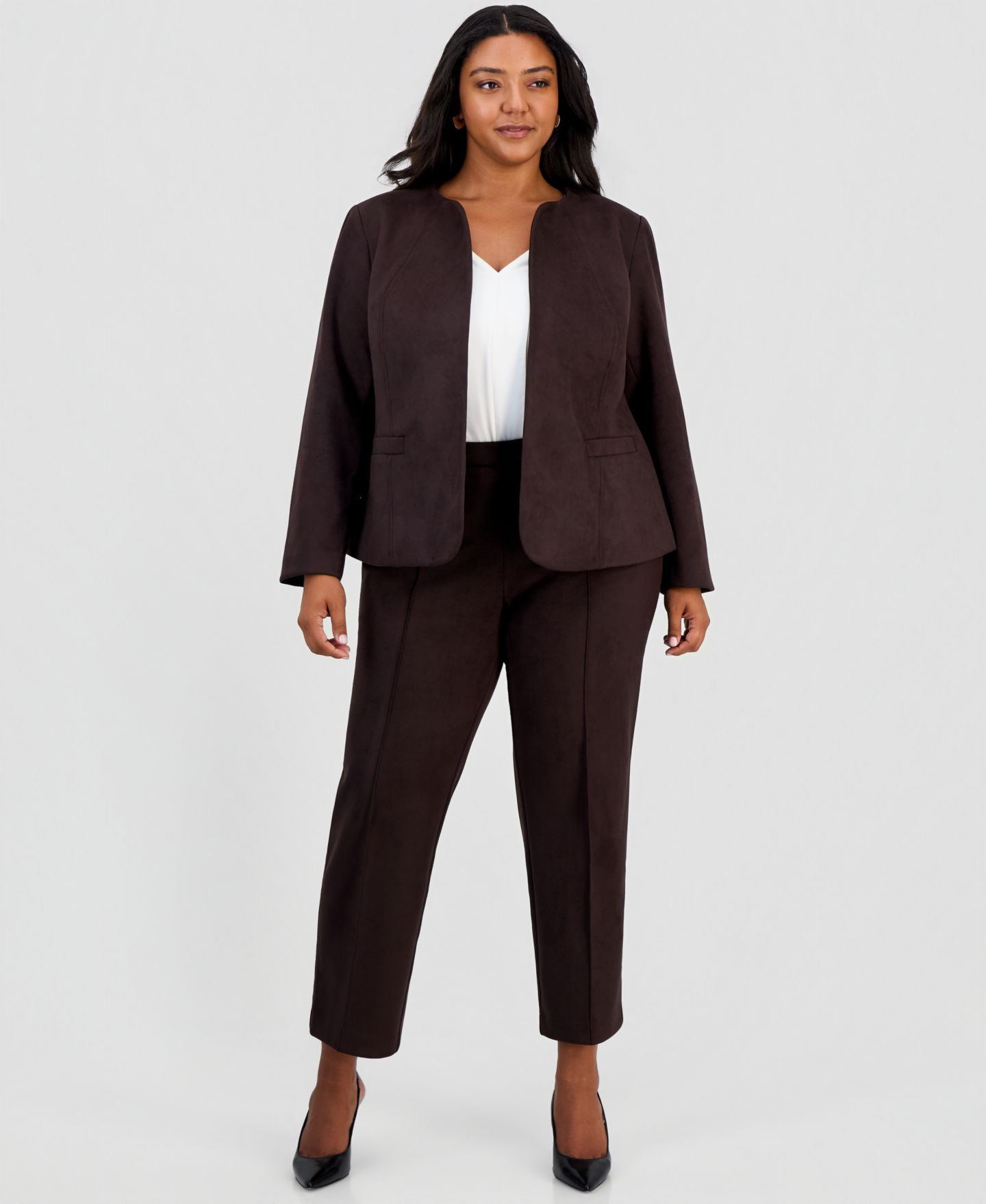 Женский пиджак Anne Klein Essentials Plus Size Scuba Suede Open-Front, цвет: Глубокий красное дерево — фото 2