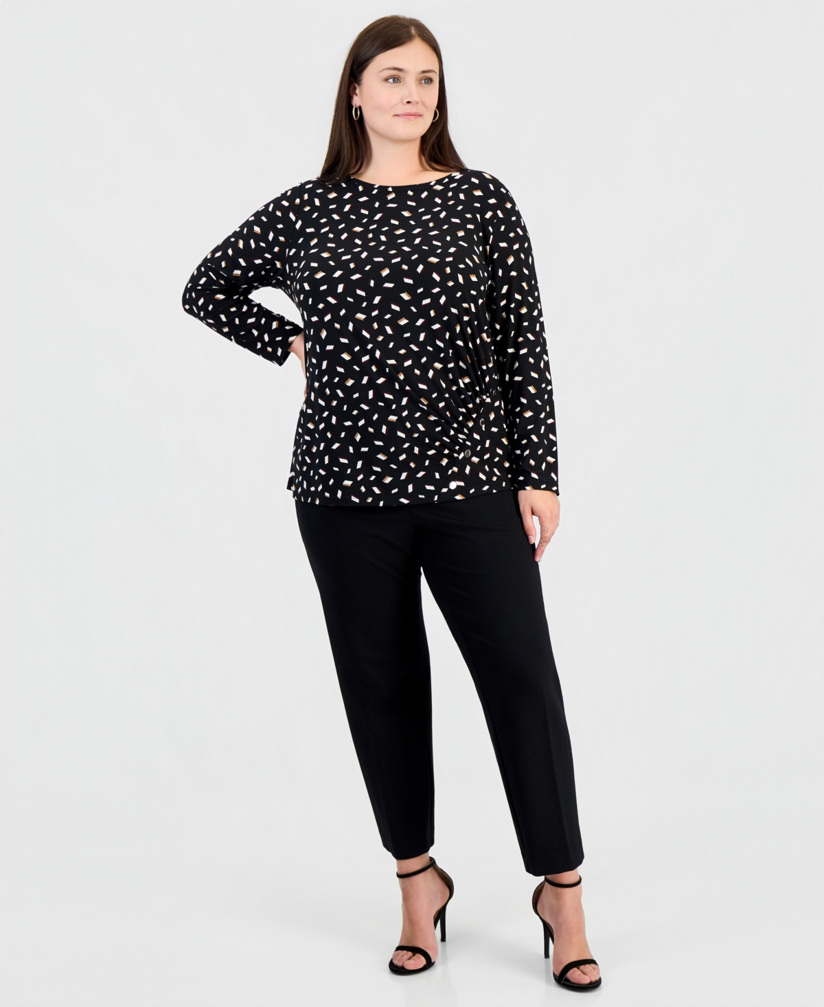 Anne Klein Essentials Plus Size Long-Sleeve Boat-Neck Ruched Blouse