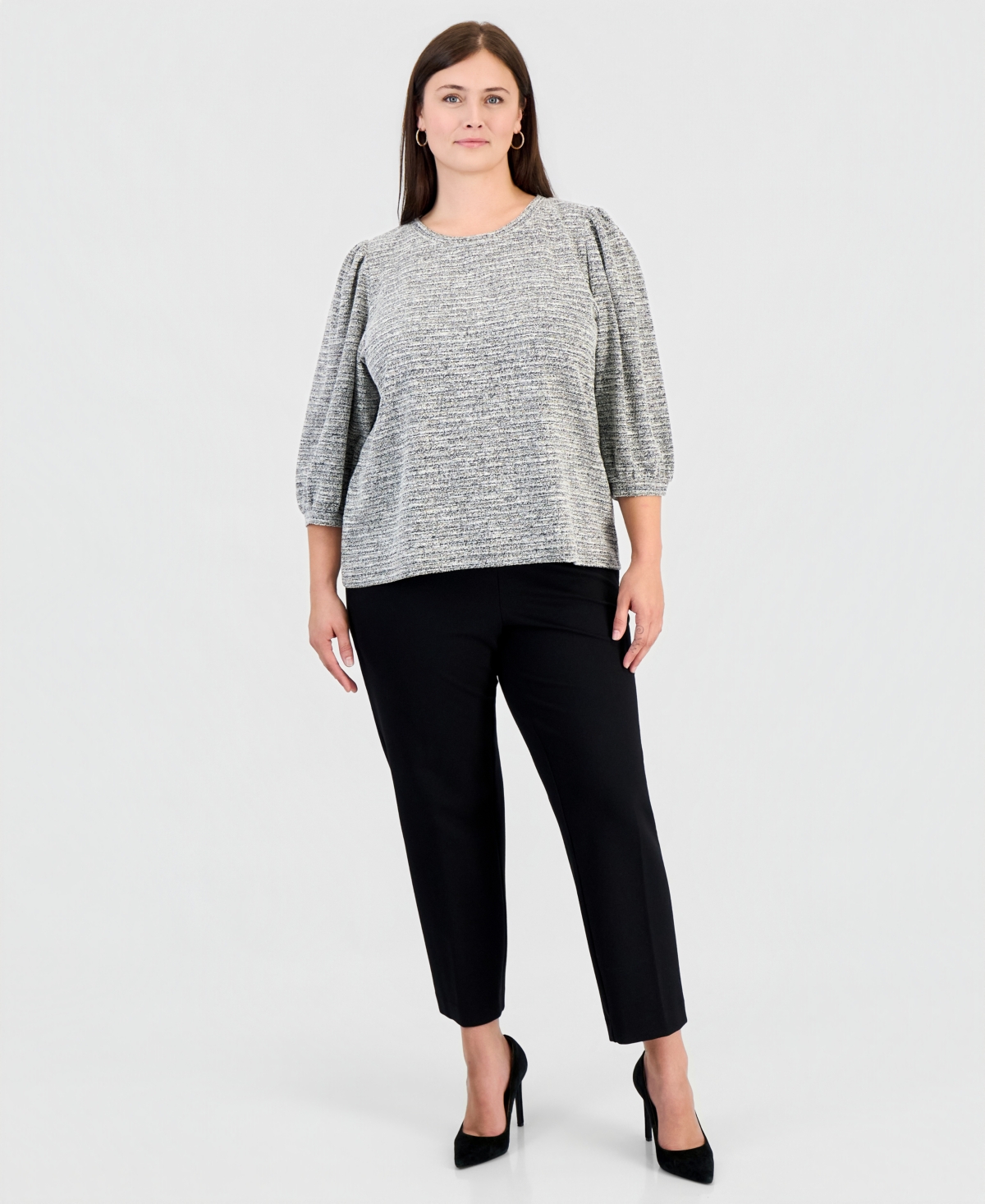 Anne Klein Essentials Plus Crew Neck Boucle 3/4-Length Balloon Sleeve Sweater
