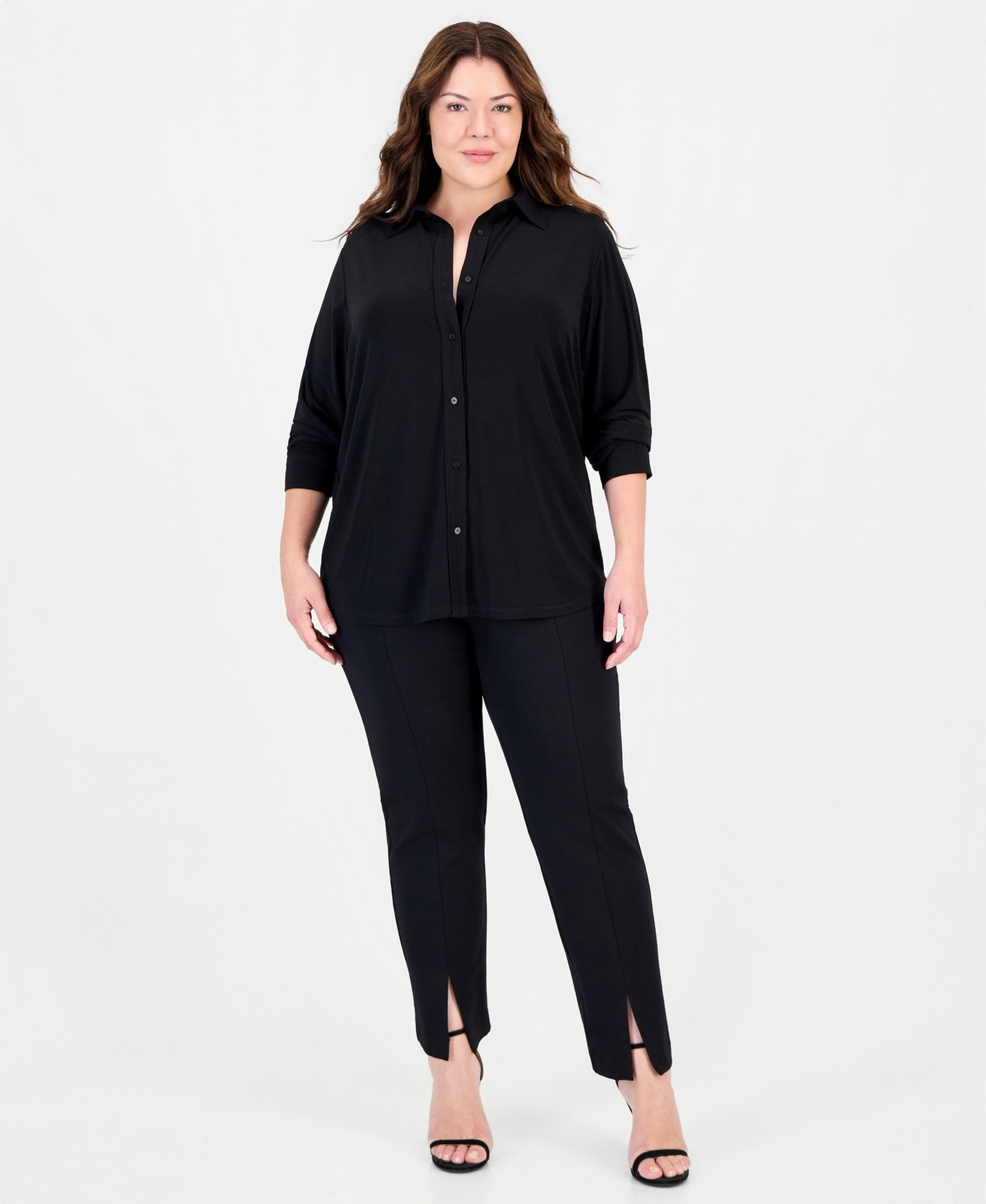 Женская блузка Anne Klein Essentials Plus Size Long-Sleeve Button-Up Blouse, цвет: Чёрный — фото 4