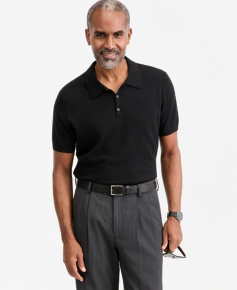 Мужской свитер Club Room Cotton Cashmere Blend Short-Sleeve Polo Sweater, цвет: Глубокий чёрный