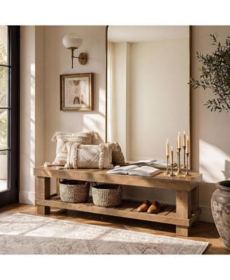 63" Long Entryway Dining Bench with Slatted Shelf Farmhouse wooden bench seat with storage for hallway, mudroom, bedroom