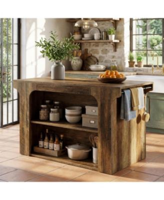 55" Kitchen Island: Counter Height With Seating, 2 Shelves, Hanging Rods. Farmhouse Prep Station For Dining Room
