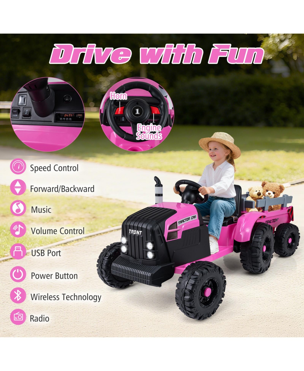 Mecale 24V Kids Ride-On Tractor with Trailer and Remote Control, Age 3-8