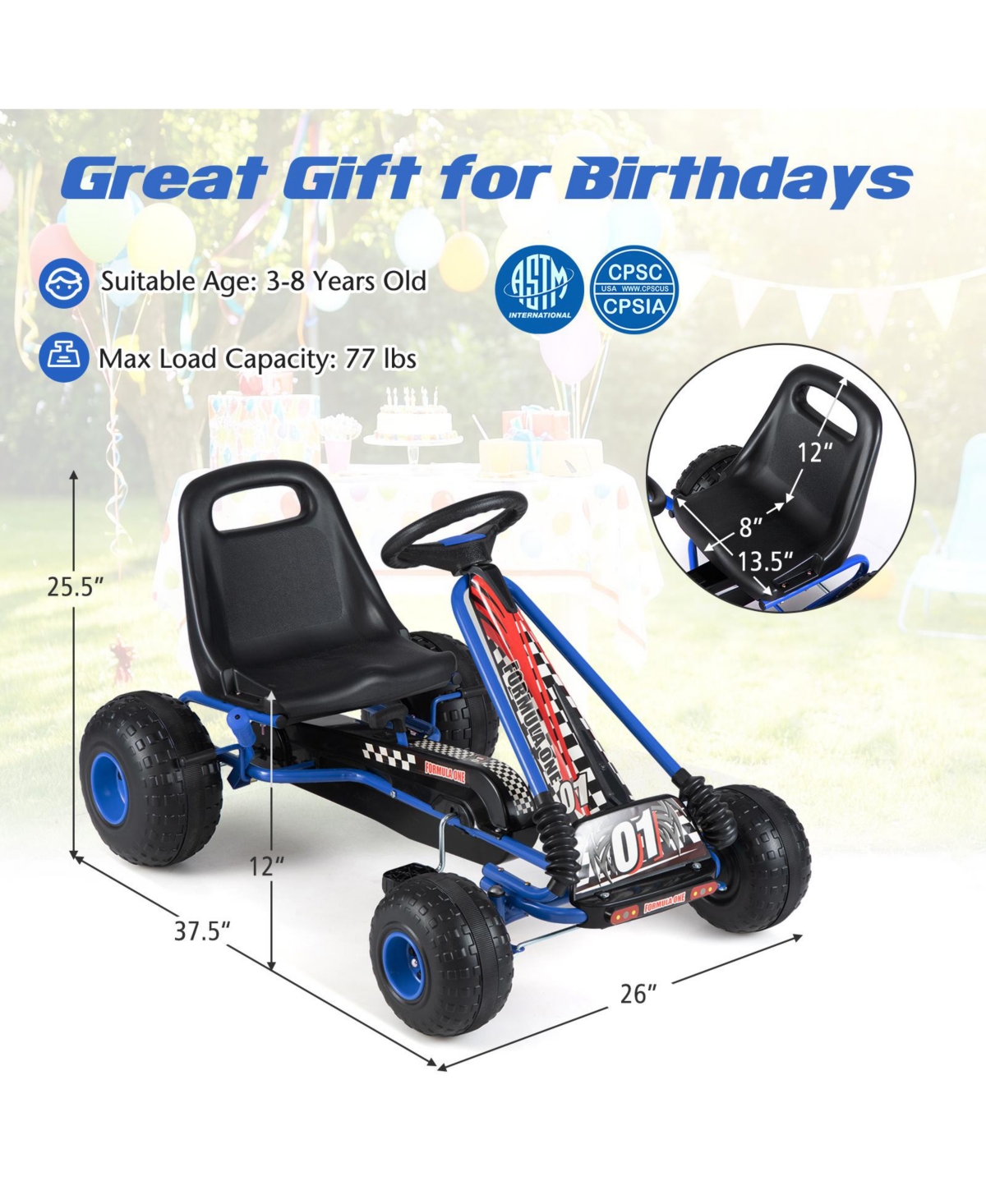 Mecale Kids Pedal Go-Kart with 4 Wheels, Adjustable Seat, and Multi-Terrain Age 3-8