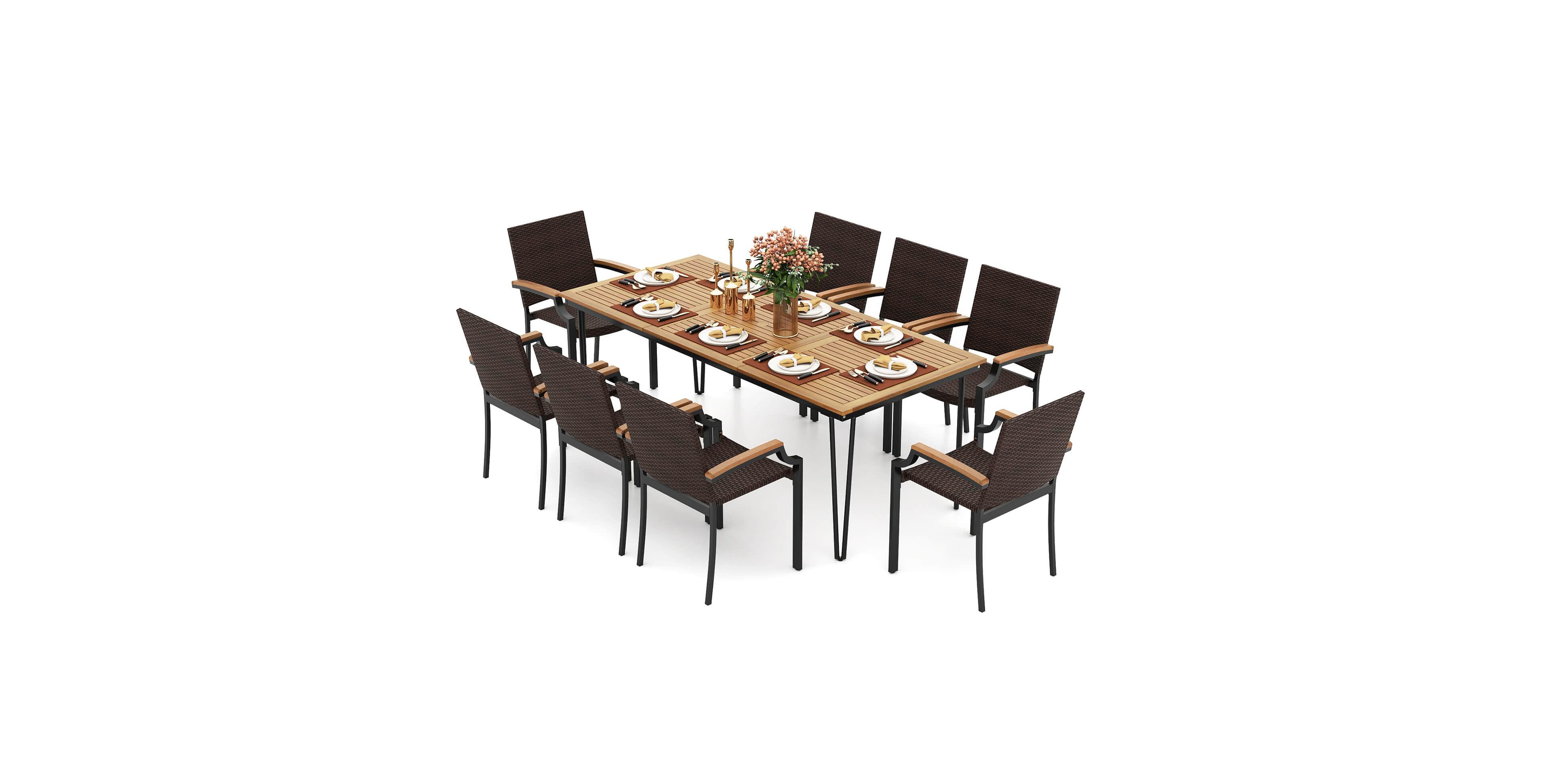 Gymax 9 Piece Patio Dining Set with 79'' Rectangular Dining Table and 8 Stackable Rattan Chairs