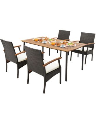 5 Piece Wicker Dining Set Cushion Acacia Wood Armchairs Table With Umbrella Hole Patio
