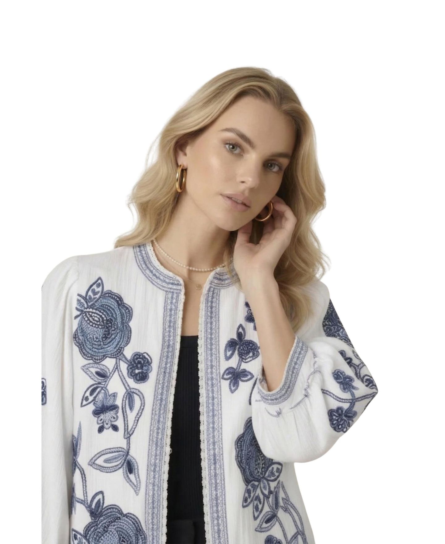 Женская куртка Modenaire Floral Embroidered Cropped Jacket, цвет: Белый / Синий — фото 5