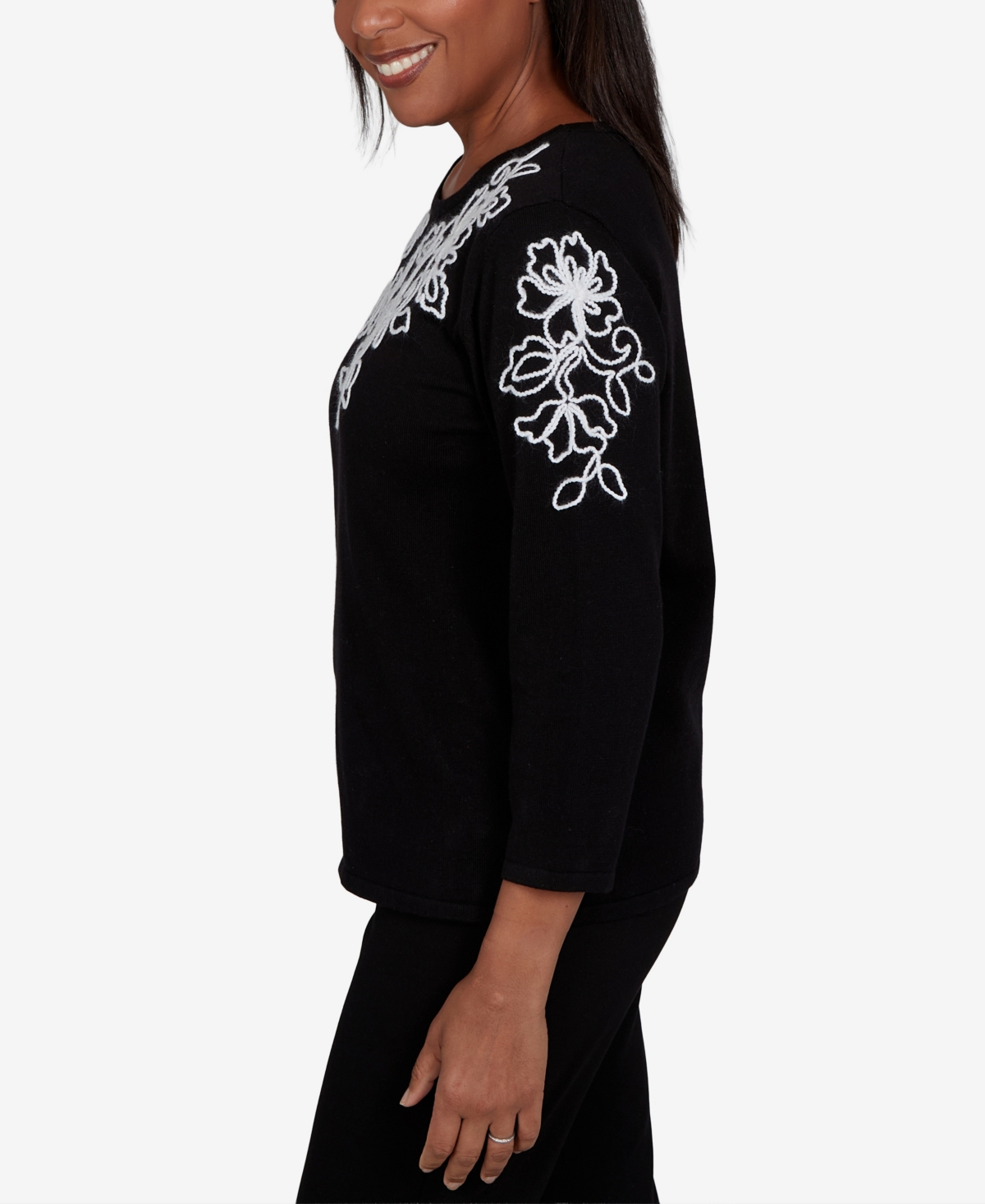 Alfred Dunner Petite Floral Scroll Soutache Sweater