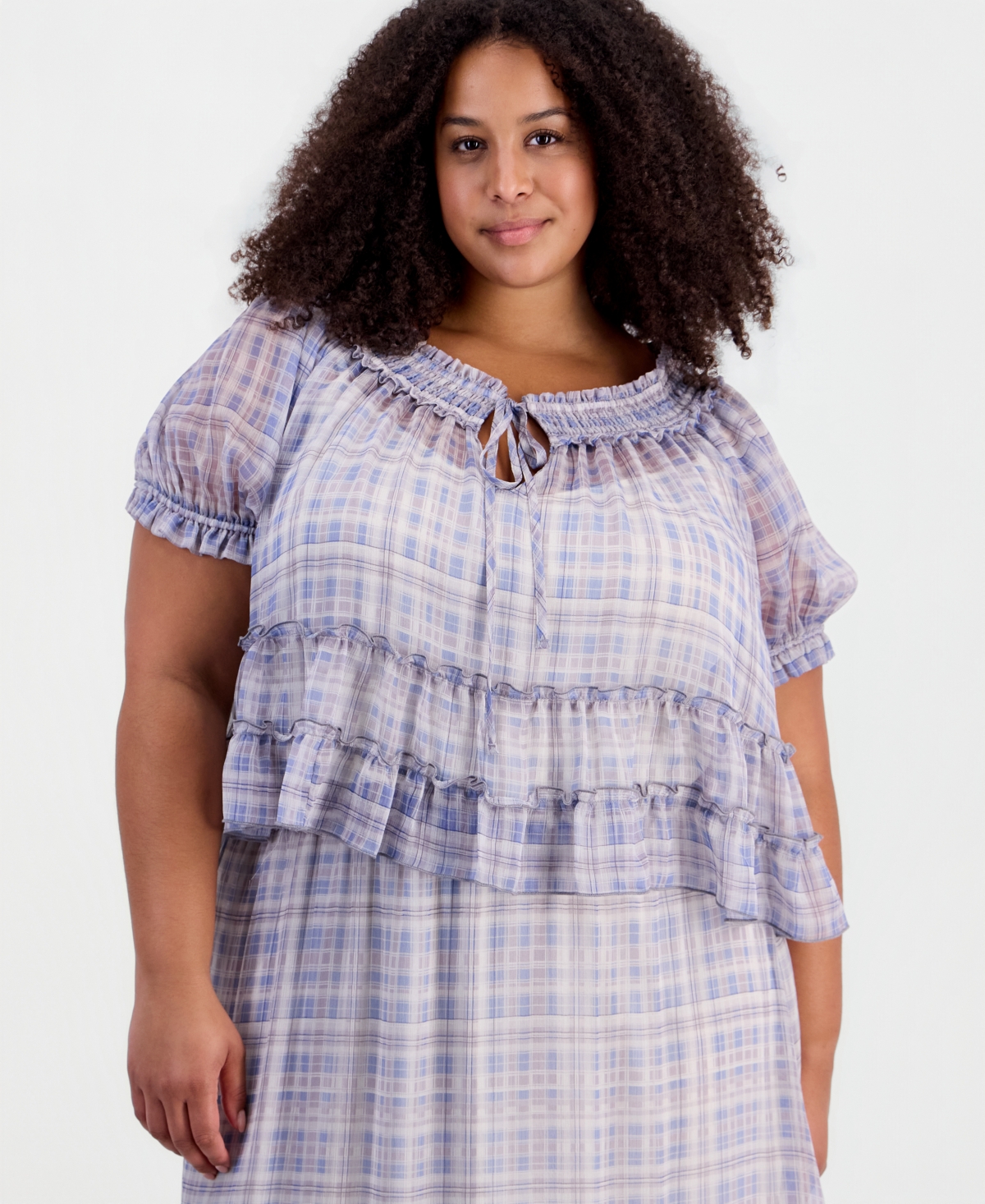 And Now This Trendy Plus Size Tie-Front Puff-Sleeve Top, Macy's Exclusive - Blue Plaid
