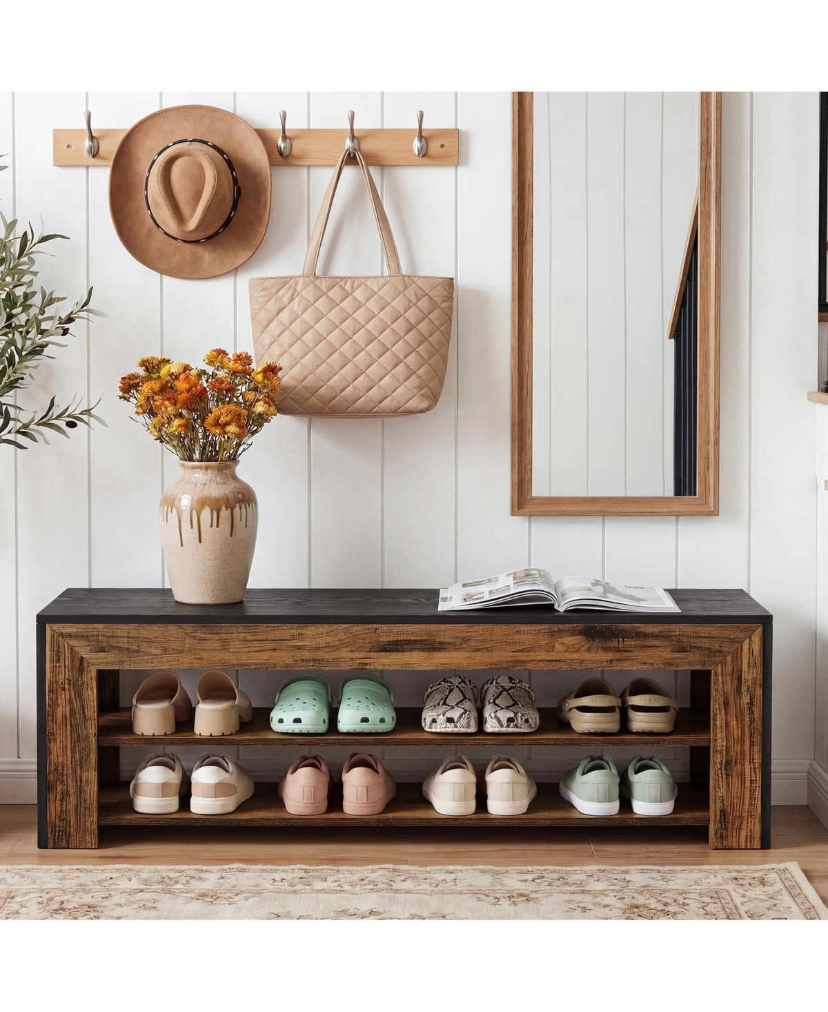Tribesigns 63" Entryway Shoe Bench, 2-Tier Farmhouse Shoe Storage Bench for Hallway, Mudroom, Bedroom, Living Room