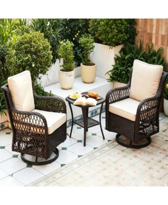 3 Piece Patio Bistro Set, All Weather Wicker Swivel Rocker Lounge Chairs with Cushions and Glass Table for Porch or Garden