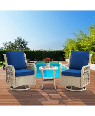 3 Piece Patio Bistro Set, All Weather Wicker Swivel Rocker Lounge Chairs with Cushions and Glass Table for Porch or Garden