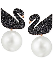 Rose Gold-Tone Crystal Pavé Black Swan and Imitation Pearl Drop Earrings