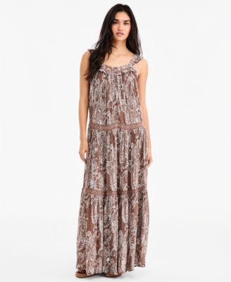Women's Tiered Henley Maxi Boho Paisley-Print Dress