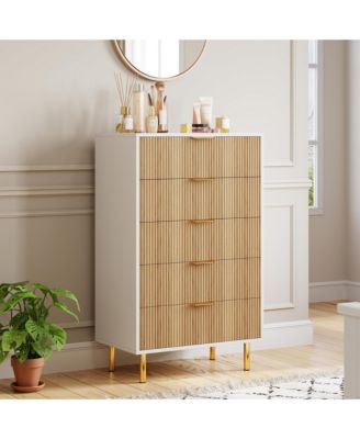 5-Drawer Dresser with Gold Handles and Fluted Panel, Storage Chest for Bedroom, Living Room, and Hallway