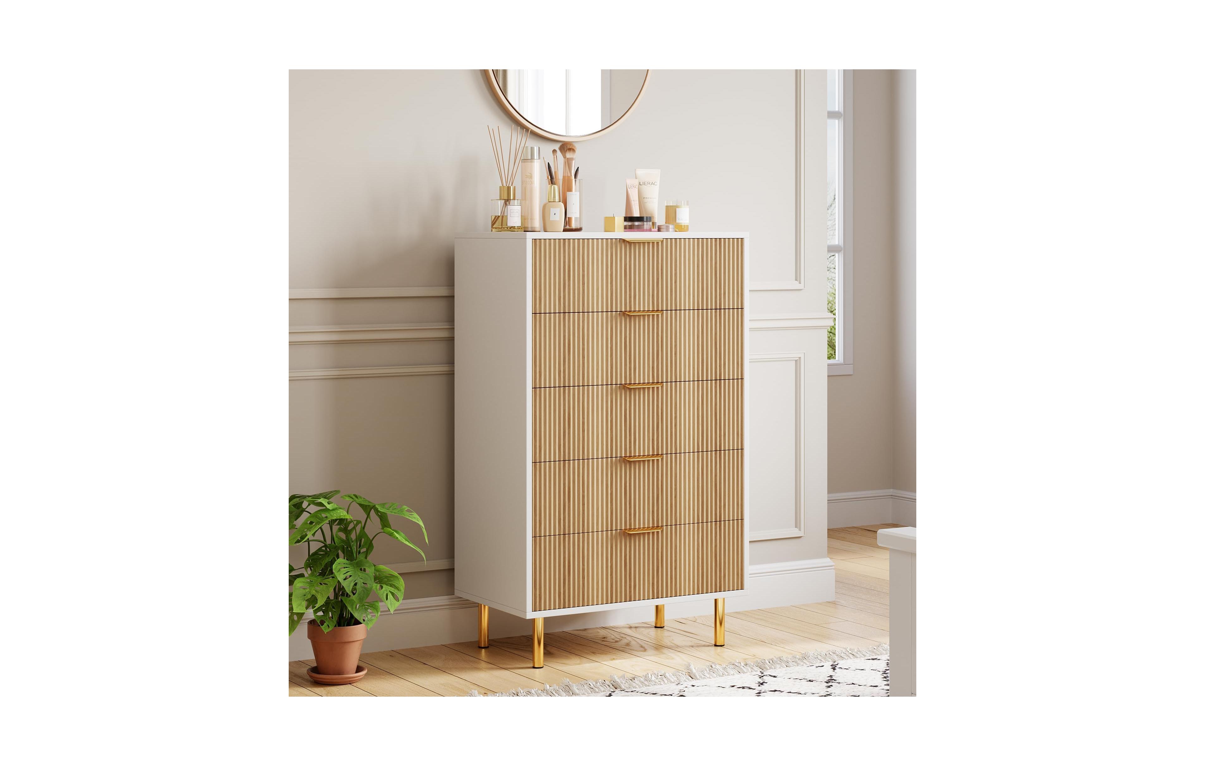 homfan 5-Drawer Dresser with Gold Handles and Fluted Panel, Storage Chest for Bedroom, Living Room, and Hallway