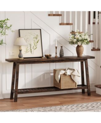 Extra Long Console Table 70.9'', 2-Tier Entryway Sofa Table, All Wood Farmhouse Accent with Slim Storage Shelf for Hallway, Living Room, Foyer