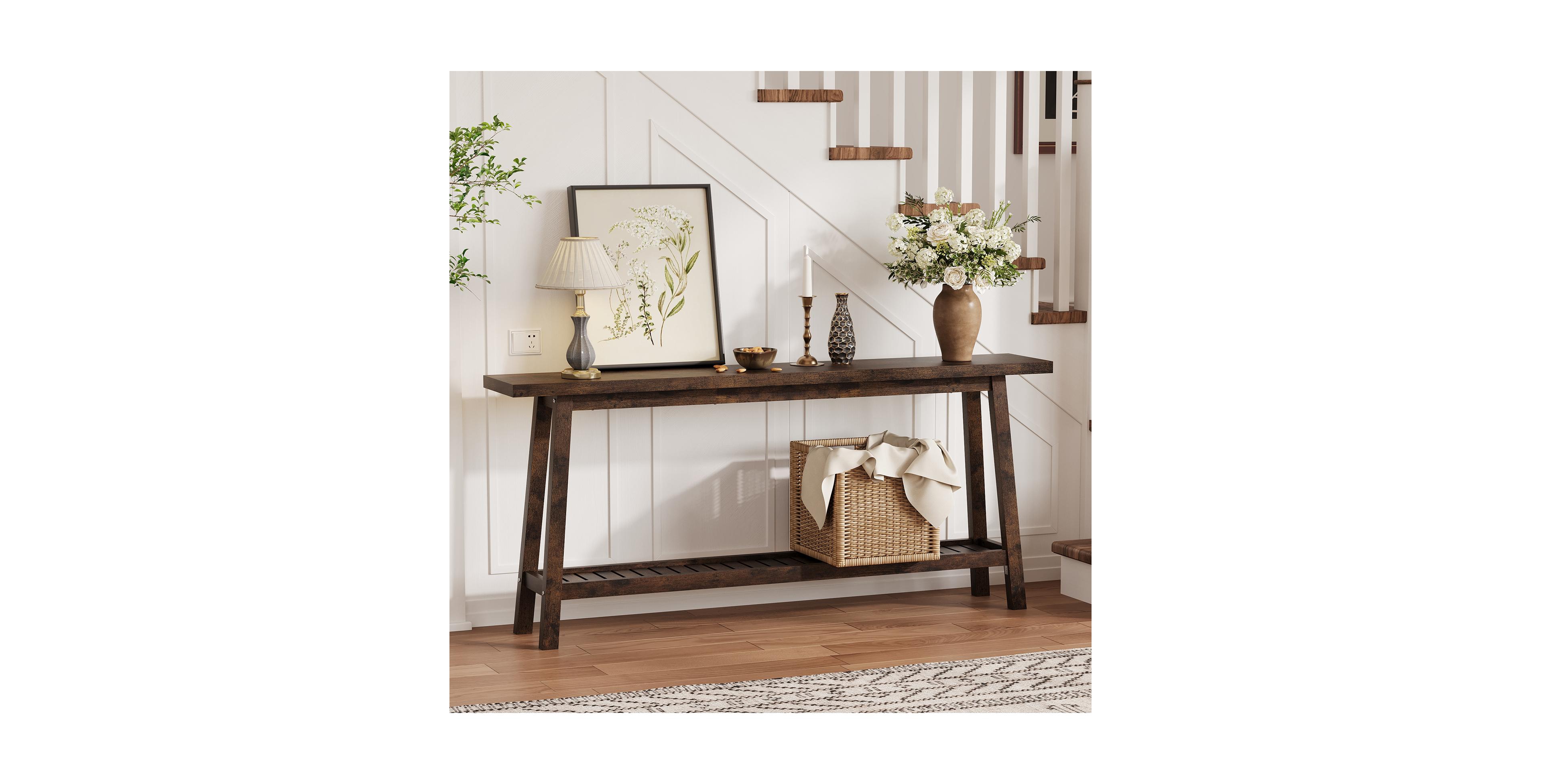 homfan Extra Long Console Table 70.9'', 2-Tier Entryway Sofa Table, All Wood Farmhouse Accent with Slim Storage Shelf for Hallway, Living Room, Foyer