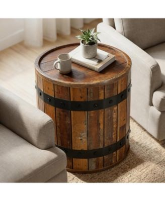 Barrel Side Table with Hidden Storage, 19.68" Farmhouse Round Rustic Wood End Table with Removable Lid