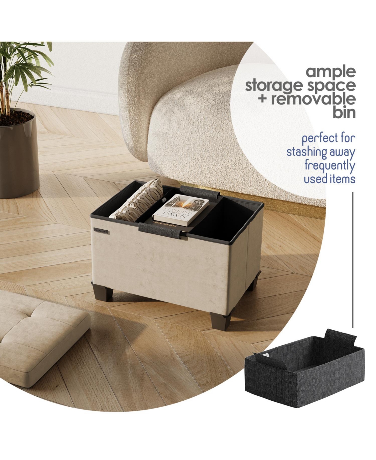 Nestl 16-Inch Velvet Cube Storage Ottoman with Bin, Small Foot Stool and Seat for Living Room