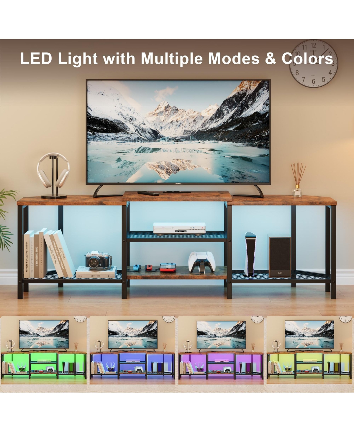 homfan Tv Stand with 4 Open Storage Shelves, Corner Entertainment Center Power Outlets, Media Console for Living Room Led Lights