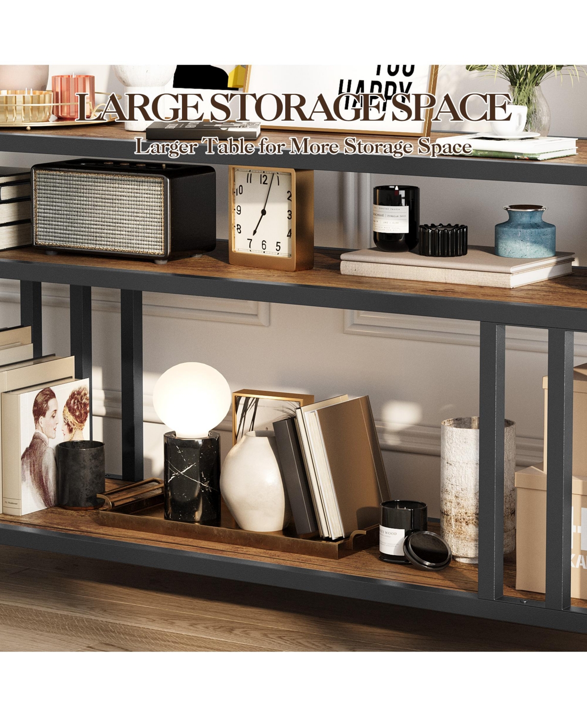 Homfan Spacious Rustic Tv Stand Media Console with Three Open Shelves, Sturdy Mdf and Iron Frame, Fits Larger Screens, Easy Assembly