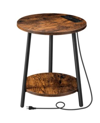 Modern Round Side Table with Charging Station and 2-Tier Storage Shelf